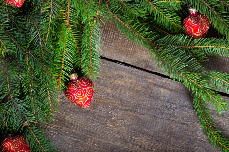 Red Ornaments on Pine Branches — Green, Festive