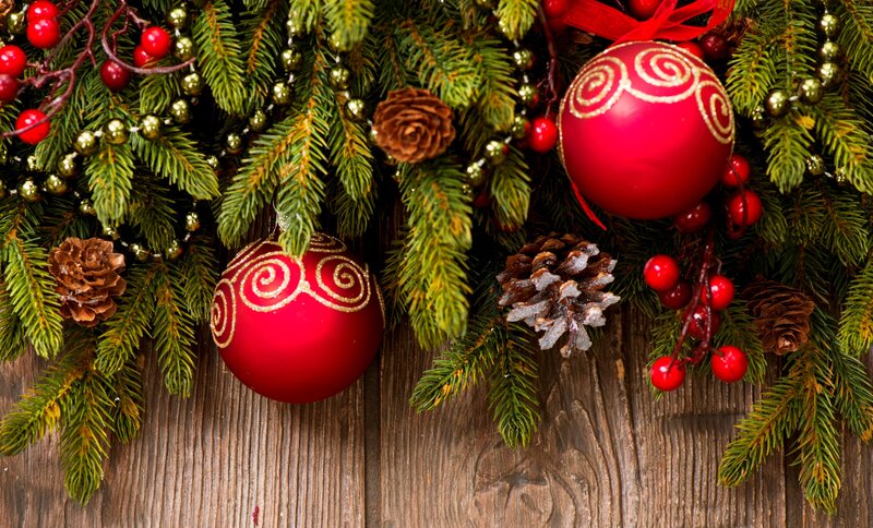 Red Ornaments on Pine Branches — Green, Festive, Winter