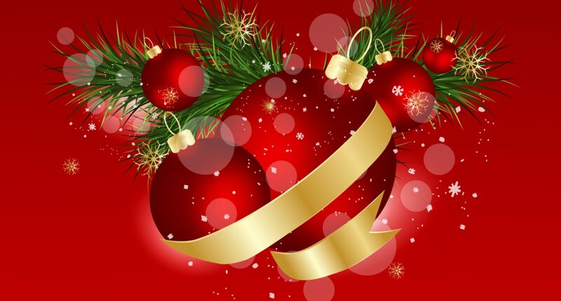 Red Ornaments on Pine — Festive, Winter, Digital Art, Pine Branches