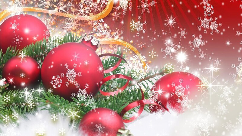 Red Ornaments on Pine — Festive, Winter, Digital Art
