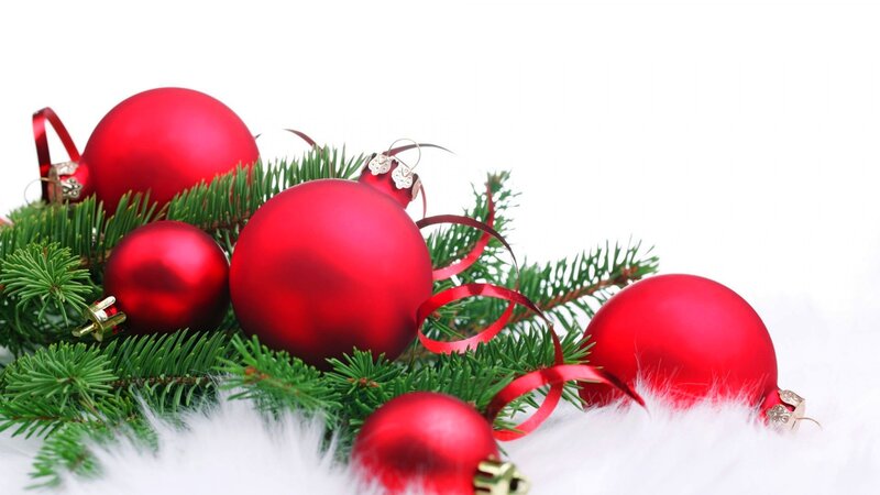 Red Ornaments on Pine — Festive, Winter, Photograph, Pine Branches, Ribbons