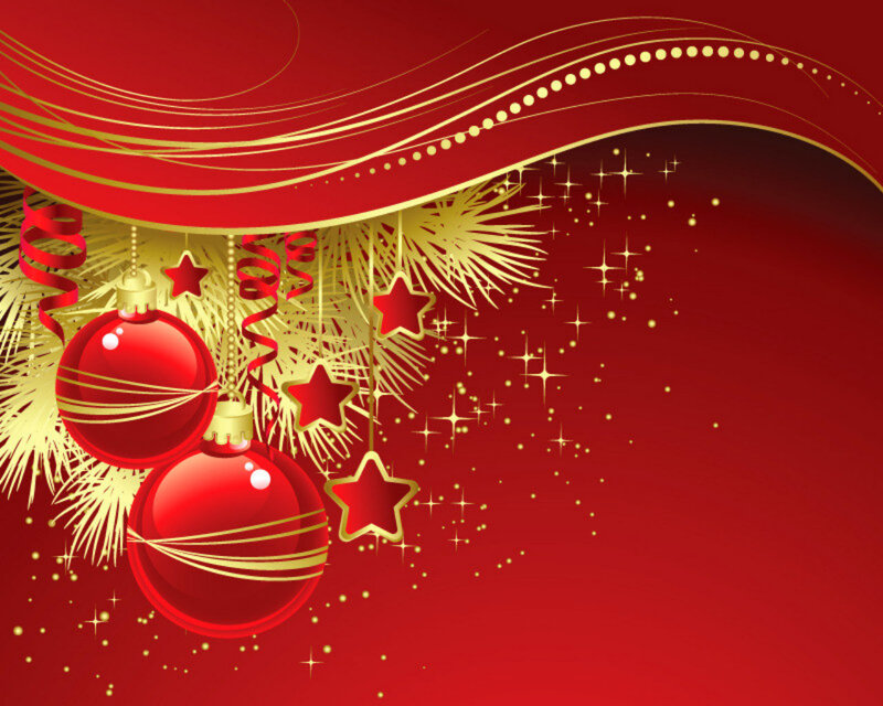 Red Ornaments on Pine — Festive, Winter, Vector Art