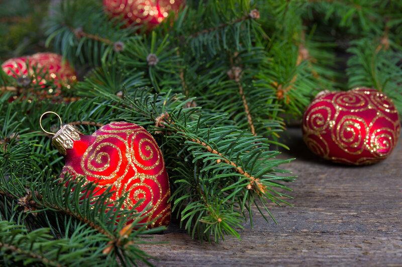 Red Ornaments on Pine — Green