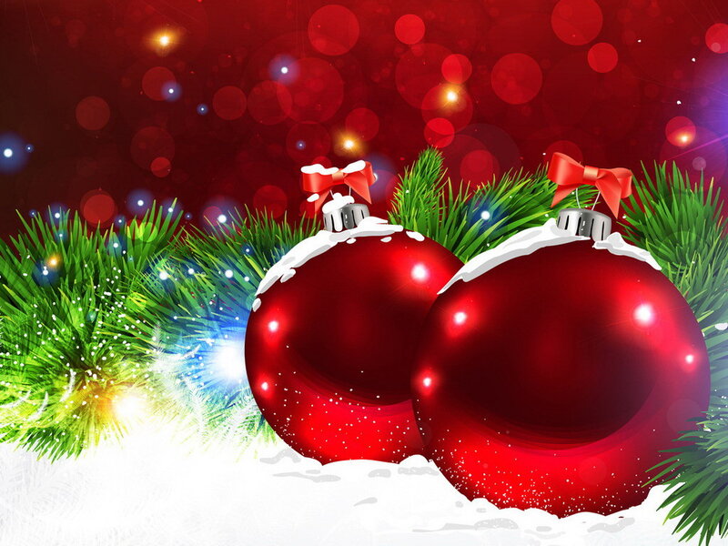 Red Ornaments on Snow — Festive, Winter, Digital Art