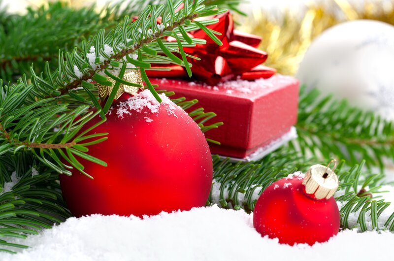 Red Ornaments on Snow — Festive, Winter, Photograph