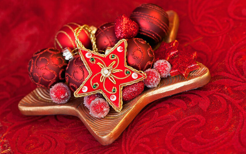 Red Ornaments on Star Tray