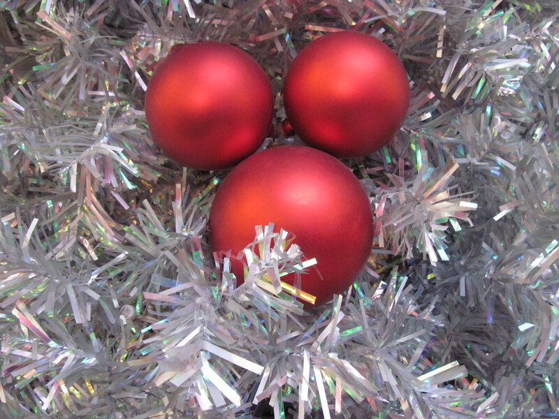 Red Ornaments on Tinsel — Festive, Winter