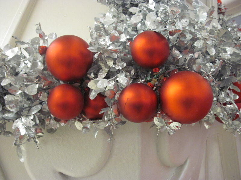 Red Ornaments on Tinsel