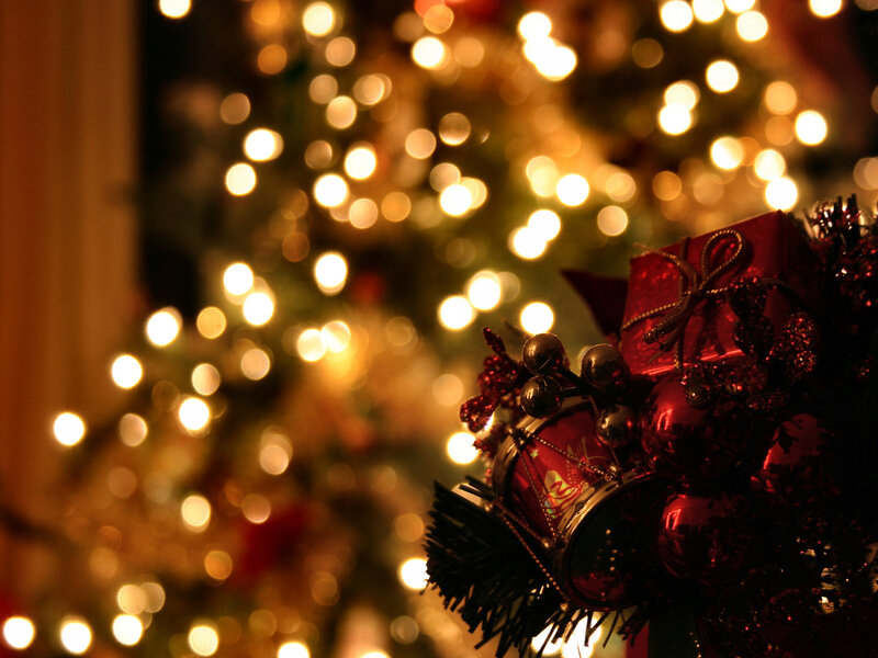 Red Ornaments on Tree — Festive, Night, Photograph, Lights, Gift Box