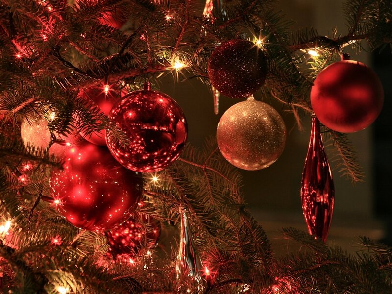 Red Ornaments on Tree — Festive, Night, Photograph, Lights, Pine Branches, Glitter