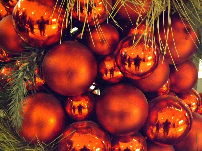 Red Ornaments on Tree — Festive, Night, Photograph, Pine Needles