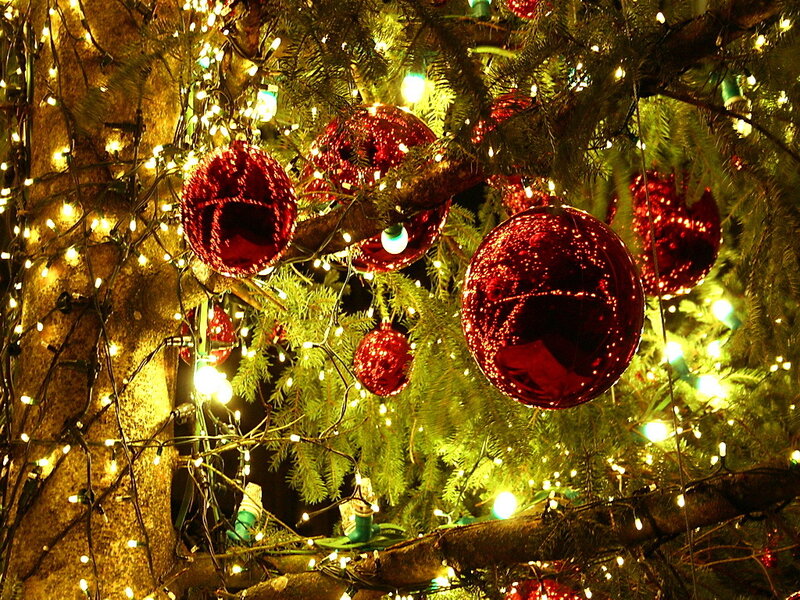 Red Ornaments on Tree — Festive, Night