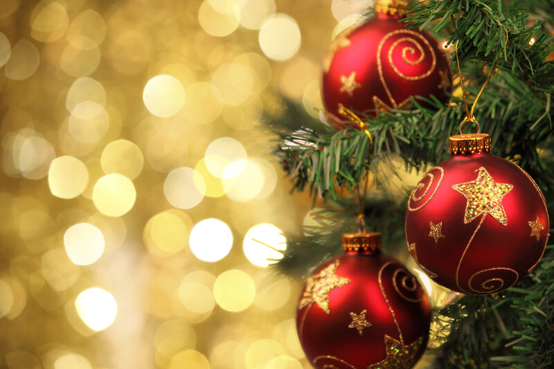 Red Ornaments on Tree — Festive, Winter, Photograph, Christmas Tree