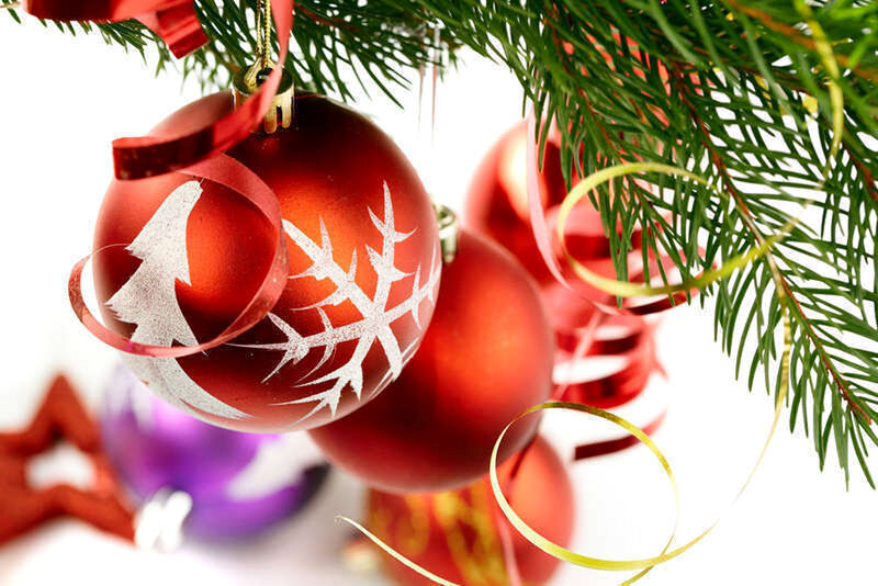 Red Ornaments on Tree — Festive, Winter, Photograph, Pine Branches