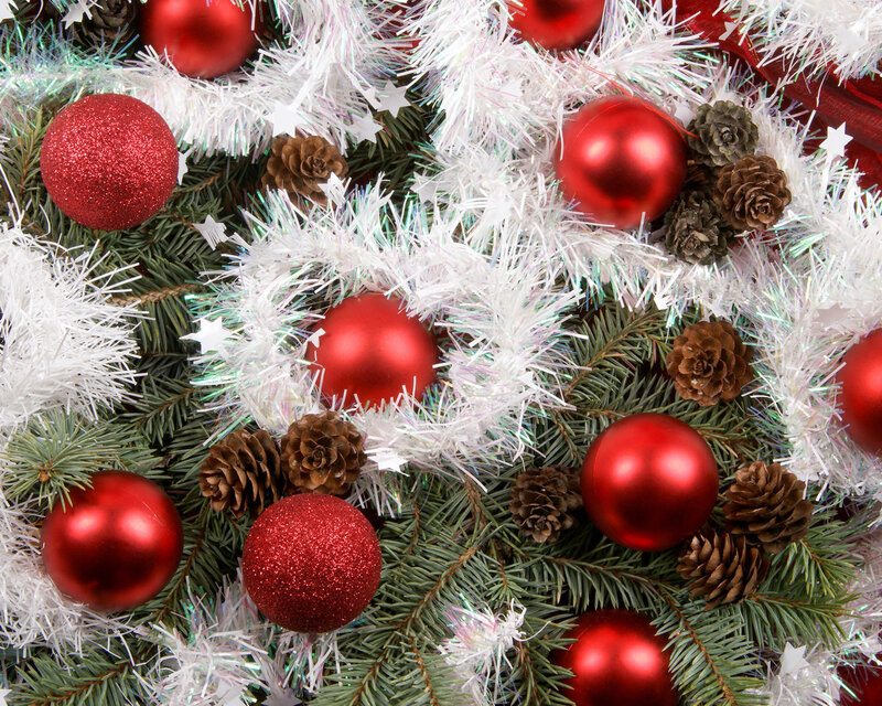 Red Ornaments on Tree — Festive, Winter, Photograph, Pine Cones
