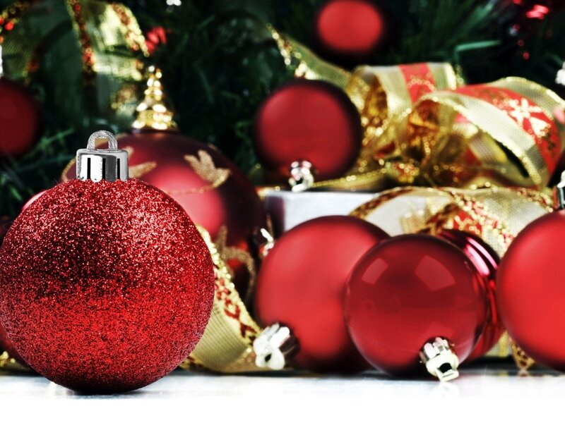 Red Ornaments on Tree — Festive, Winter, Photograph, Ribbons, Tree Branches