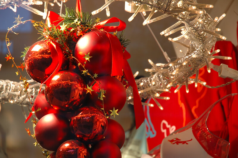 Red Ornaments on Tree — Festive, Winter, Photograph