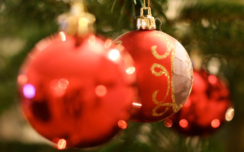 Red Ornaments on Tree — Festive, Winter, Photograph, Tree Branches