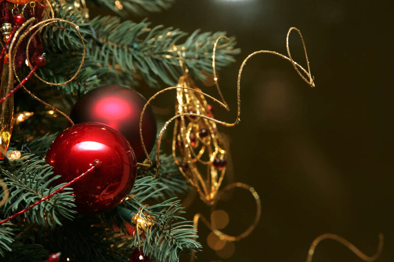 Red Ornaments on Tree — Green, Festive