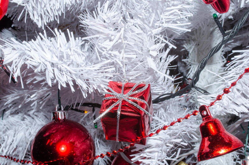 Red Ornaments on White Tree — Festive