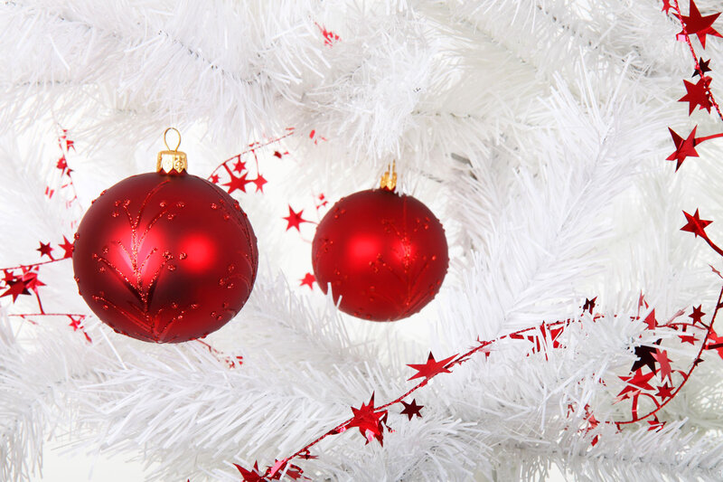 Red Ornaments on White Tree — Festive, Winter