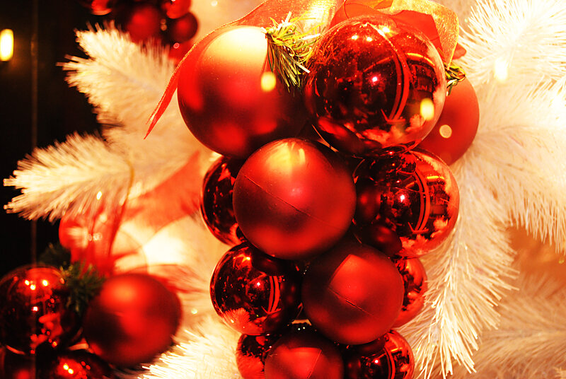 Red Ornaments on White Tree