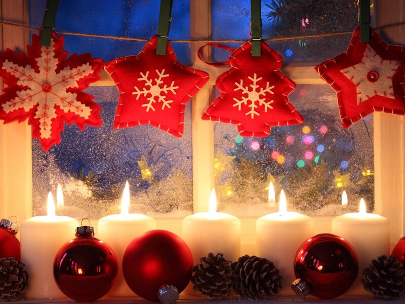 Red Ornaments on Windowsill
