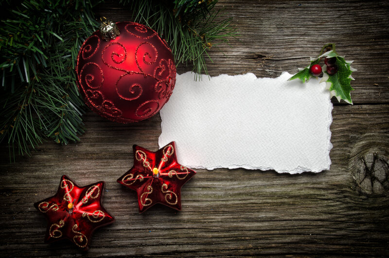 Red Ornaments on Wood — Festive