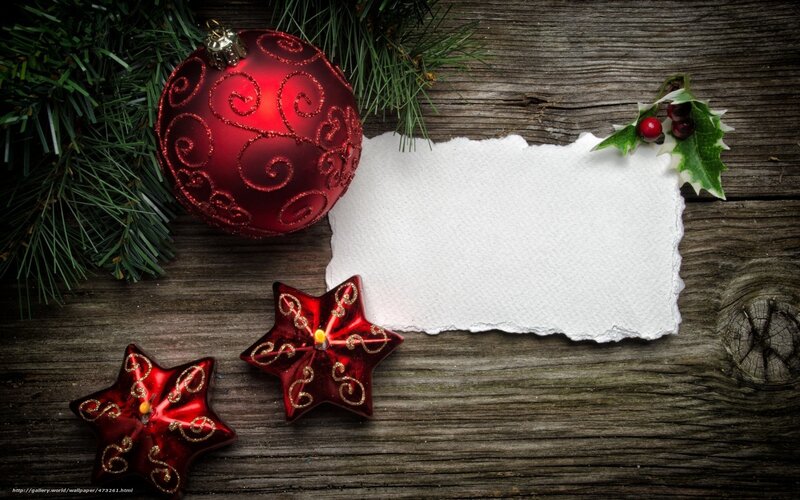 Red Ornaments on Wood — Festive, Winter, Photograph, Pine Branches, Holly