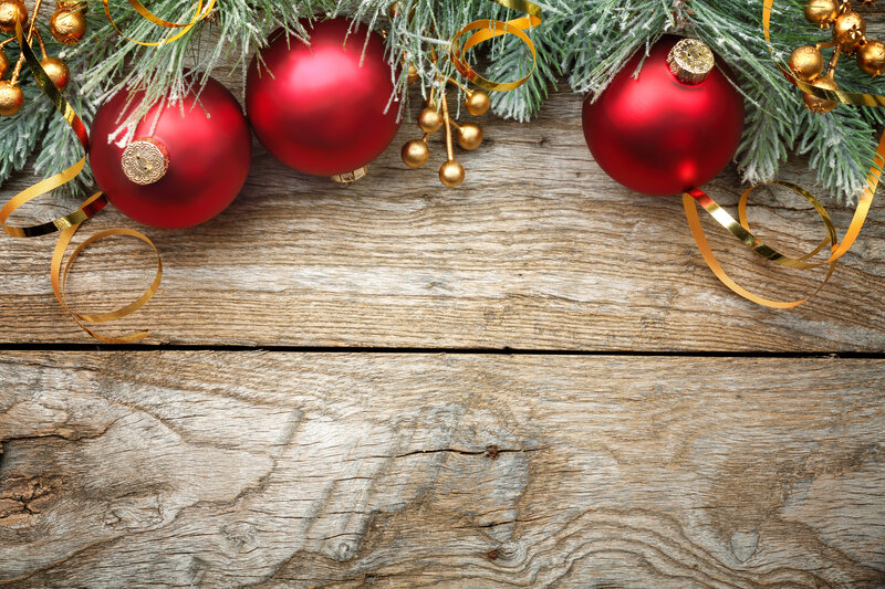 Red Ornaments on Wood — Festive, Winter, Photograph, Pine Branches, Ribbons