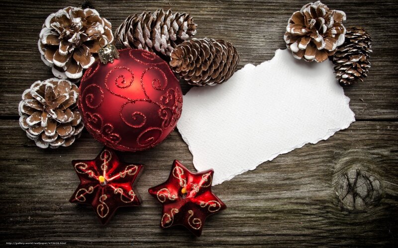 Red Ornaments on Wood — Festive, Winter, Photograph, Pinecones, Paper