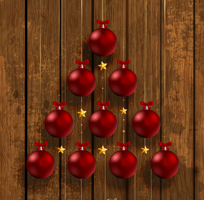 Red Ornaments on Wood — Festive, Winter