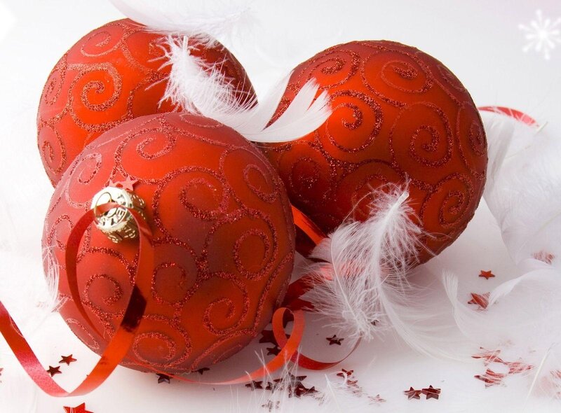 Red ornaments with feathers
