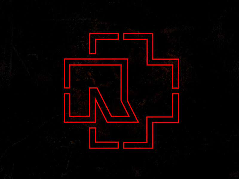 red outline logo on dark background