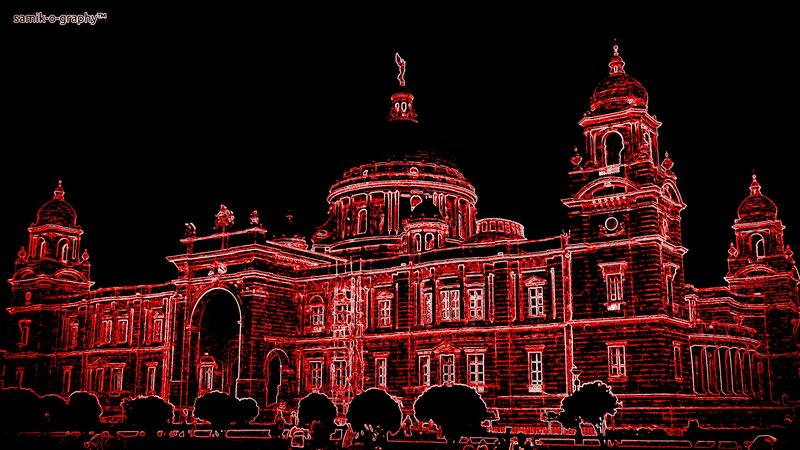 Red outline of a historic building