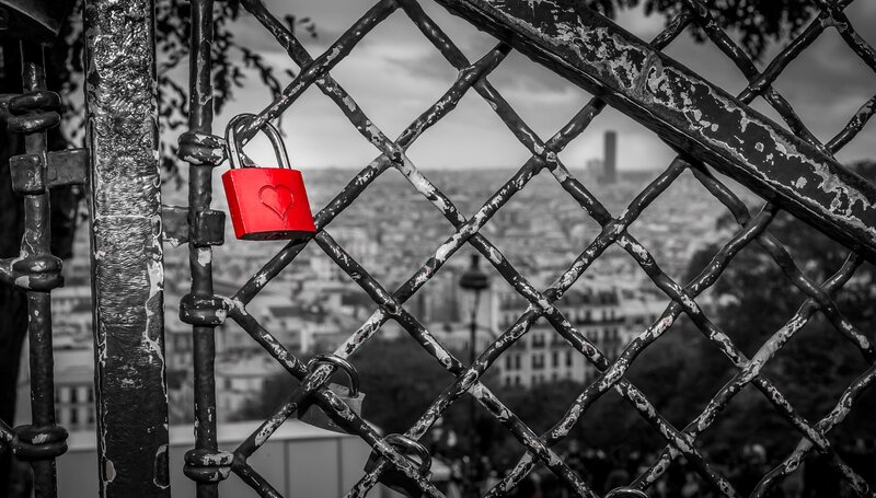 Red Padlock on Fence — Black