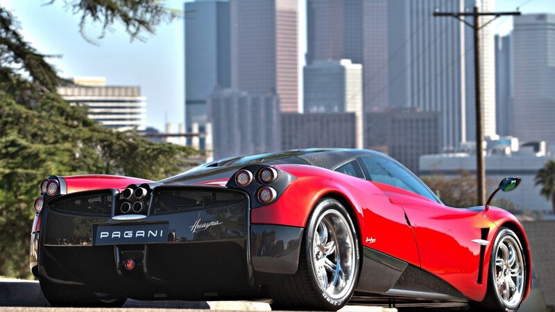 Red Pagani Huayra — Dramatic, Afternoon, Photograph, City Skyline, Trees