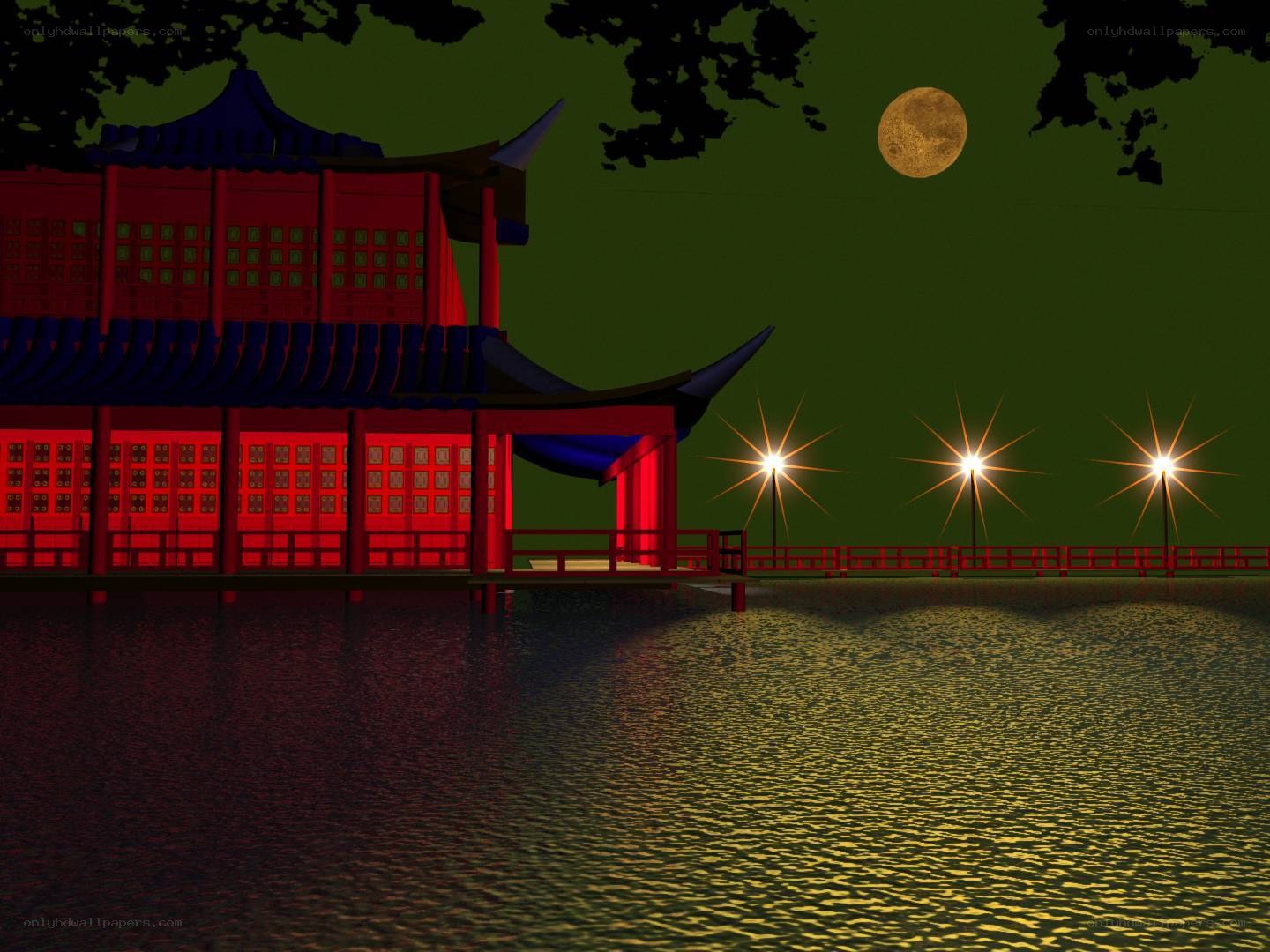 Red pagoda by moonlit lake