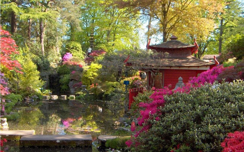 Red Pagoda in Garden — Green, Serene