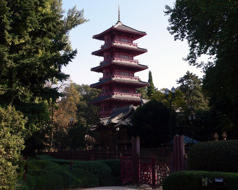 Red Pagoda in Garden — Serene, Afternoon