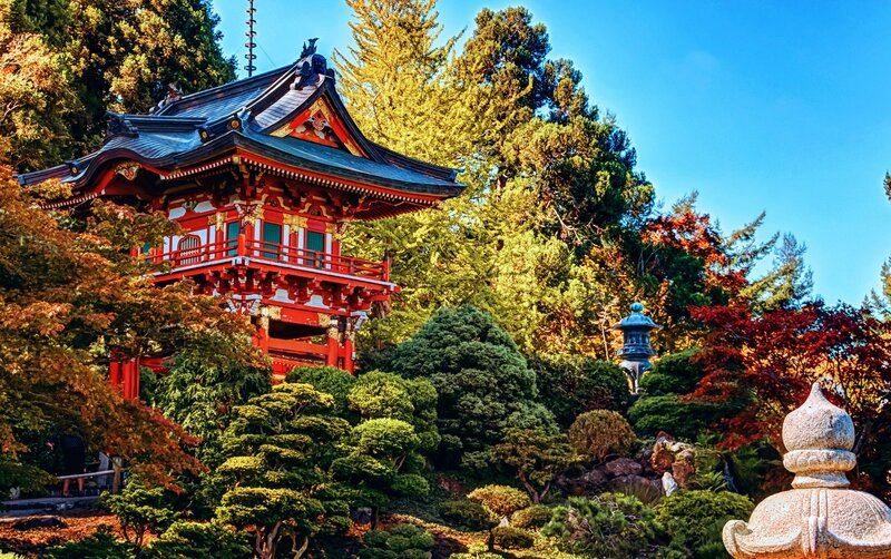 Red Pagoda in Garden — Serene, Autumn, Photograph