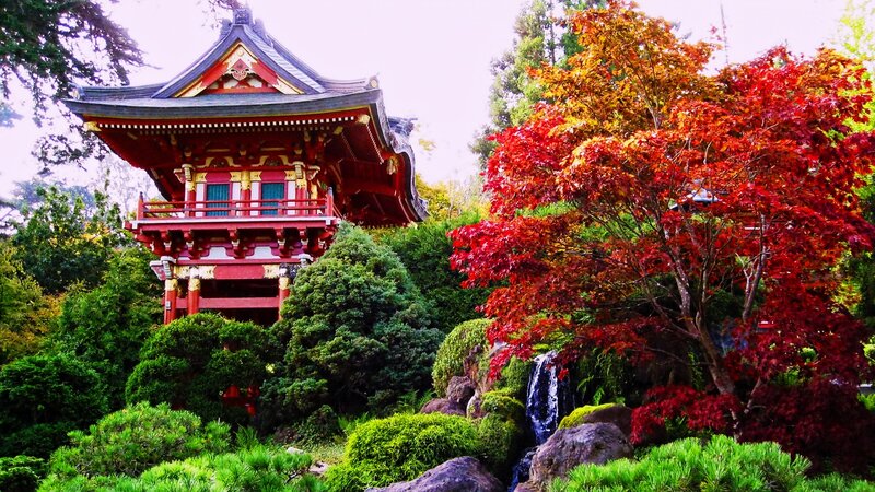 Red Pagoda in Garden — Serene, Autumn