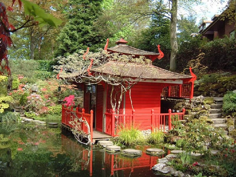 Red Pagoda in Garden — Serene
