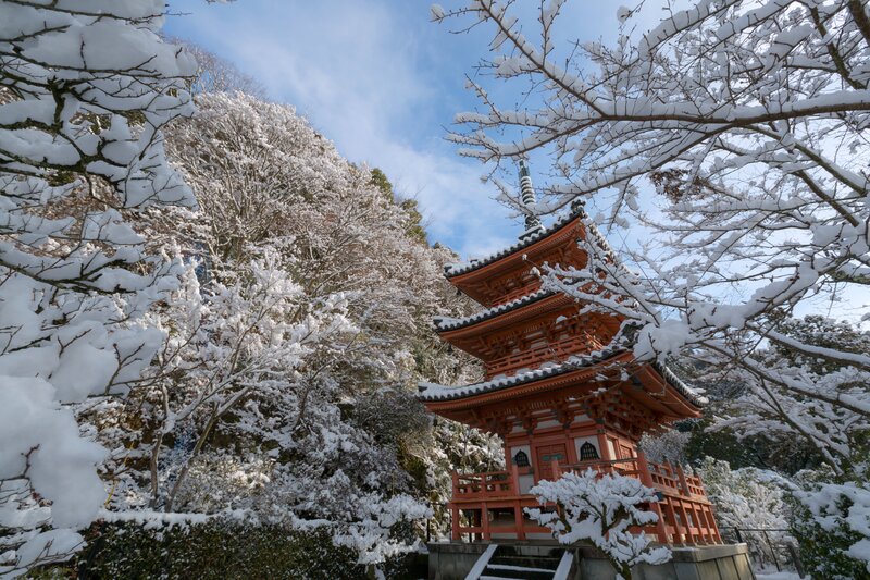 Red Pagoda in Snow — Serene