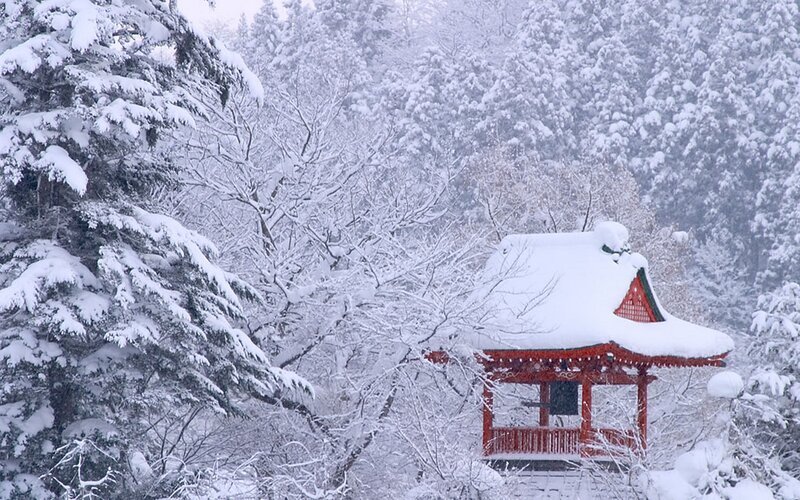 Red Pagoda in Snow — White, Serene, Winter