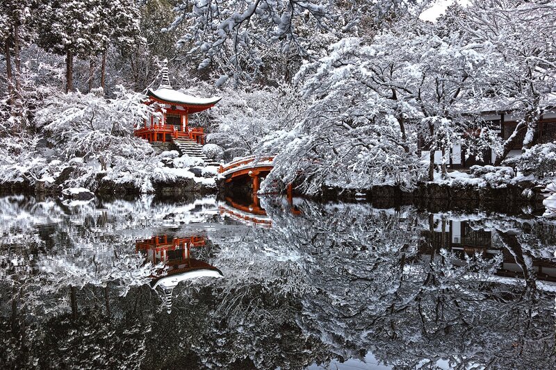 Red Pagoda in Snow — White