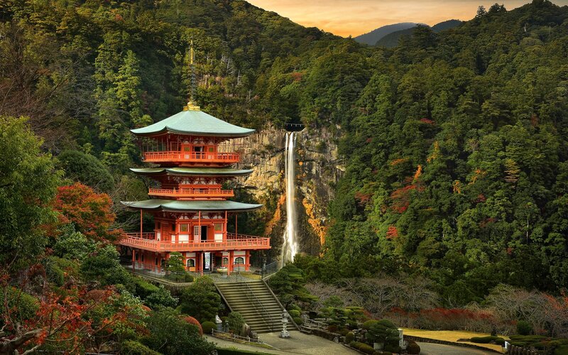 Red Pagoda Near Waterfall