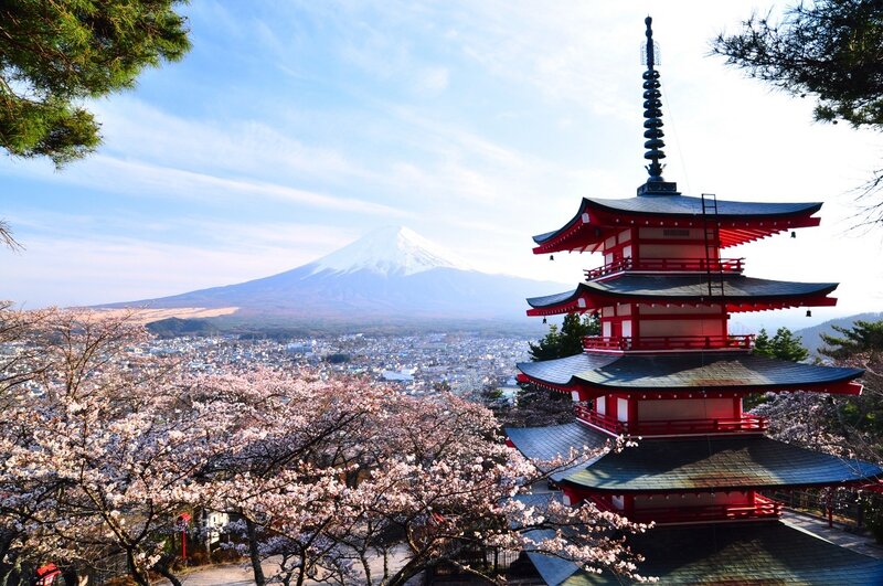 Red Pagoda with Mount Fuji — Serene