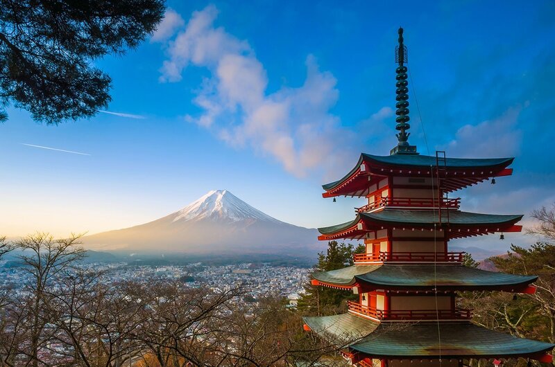 Red Pagoda with Mount Fuji