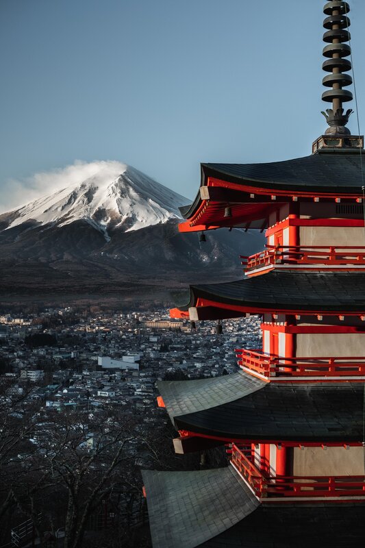 Red Pagoda with Mountain — Serene